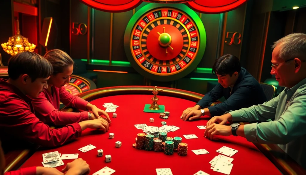 Engage in đánh bài đổi thưởng at a vibrant poker table surrounded by excitement and luxury.