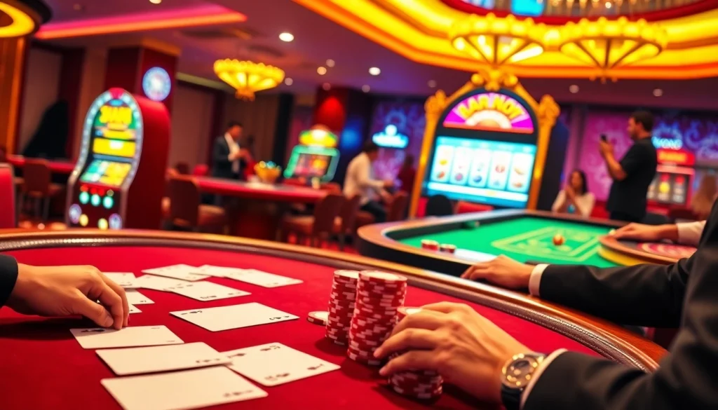Online gaming excitement at https://98win68.city/: players enjoying a lively blackjack table and vibrant slot machines.